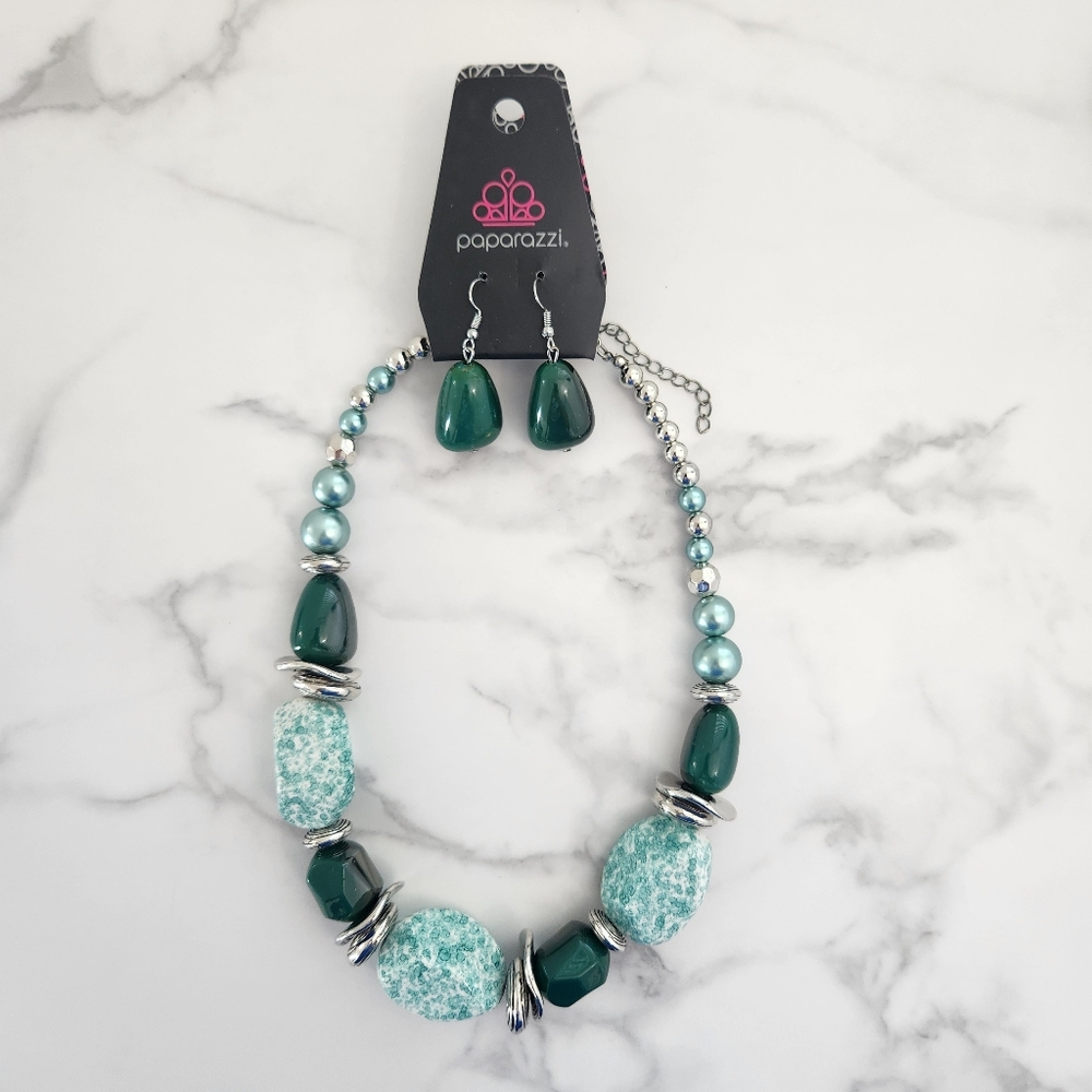 Paparazzi Bpho Teal & Turquoise Jewelry Set Necklace And Earrings - Picture 3 of 7